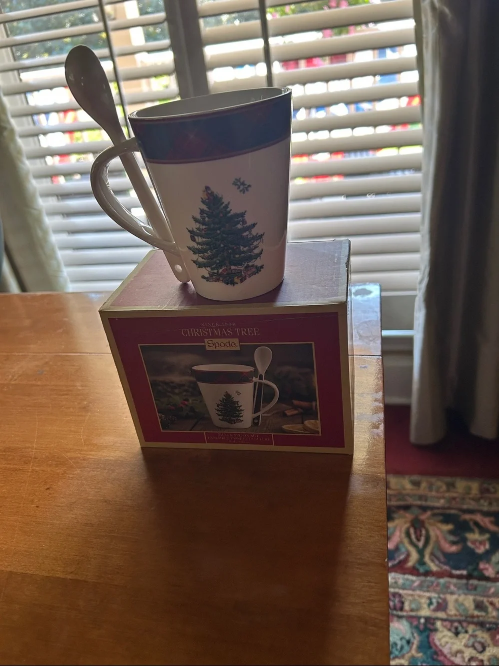 Spode Christmas Tree Ceramic Mug with Spoon - White, Green, Red